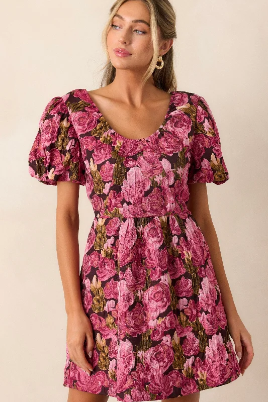 Change Of Pace Berry Floral Jacquard Puff Sleeve Mini Dress