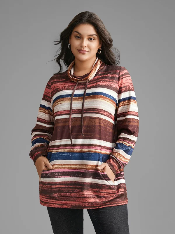 Striped Patched Pocket Drawstring Sweatshirt