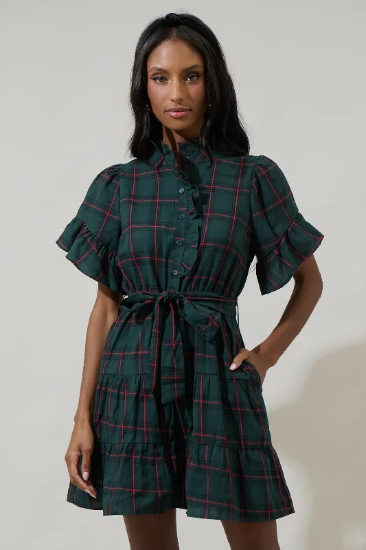 Brook Plaid Cottonwood Ruffle Button Down Mini Dress