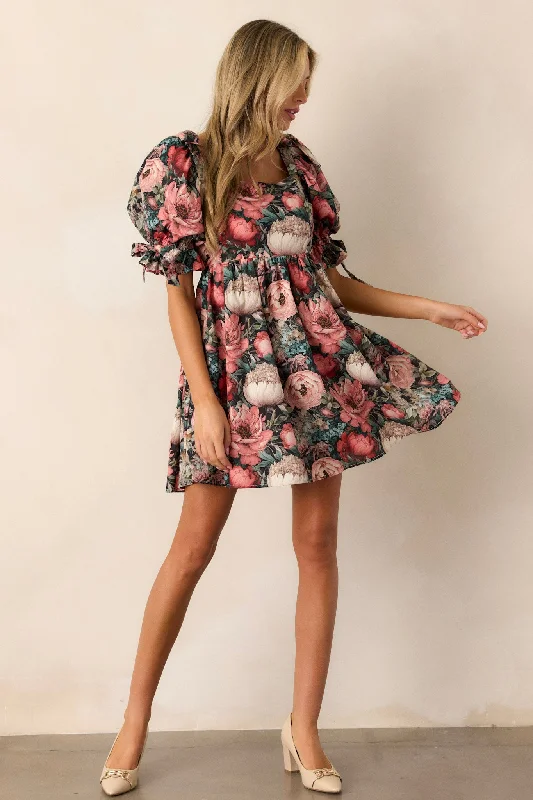 Romantic Lover 100% Cotton Black Floral Mini Dress