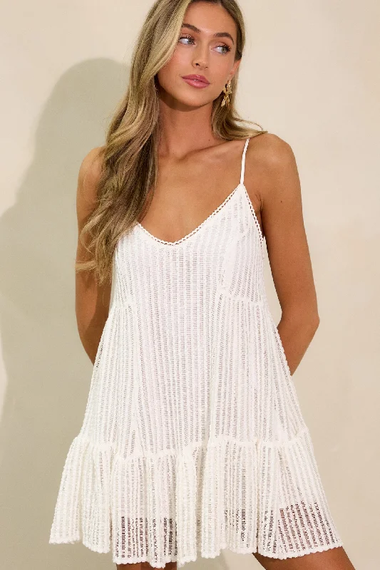 Threads of Fate Open Knit White Mini Dress