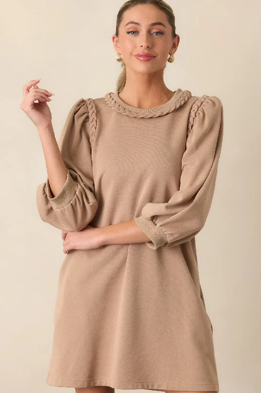 Cocoa Haze 100% Cotton Tan Long Sleeve Mini Dress