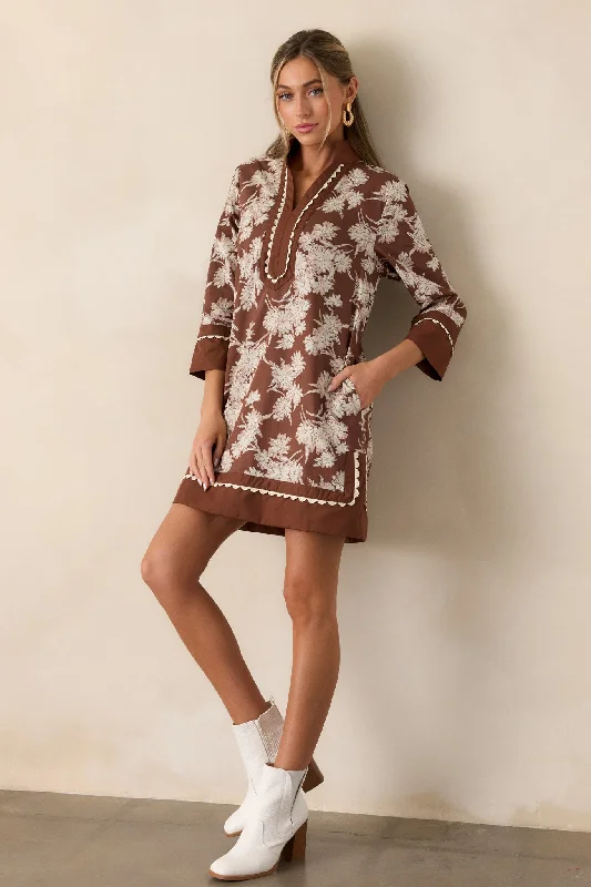 Orchid's Whisper 100% Cotton Chocolate Floral Long Sleeve Mini Dress