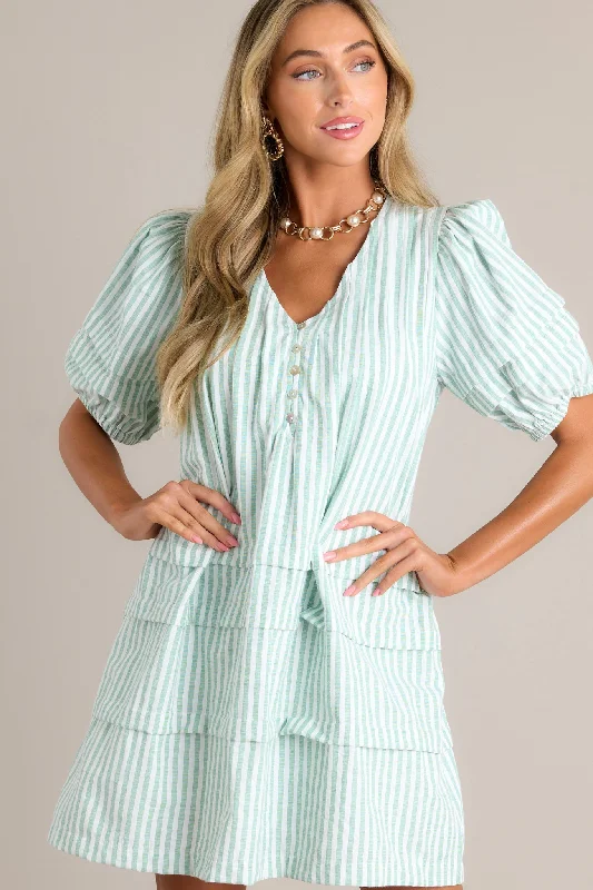 Adore You Mint Green Stripe Puff Sleeve Mini Dress