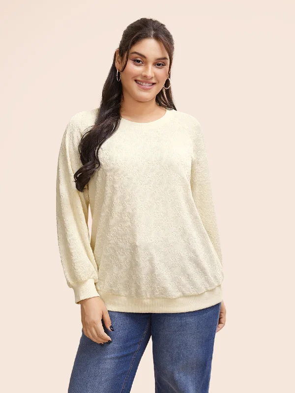 Crew Neck Plain Textured Raglan Sleeve Sweatshirt