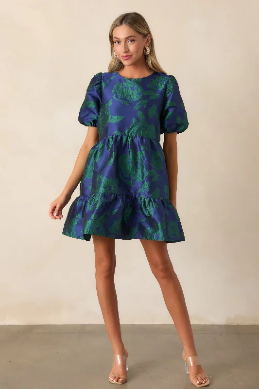 Making It Shine Midnight Blue Floral Jacquard Mini Dress