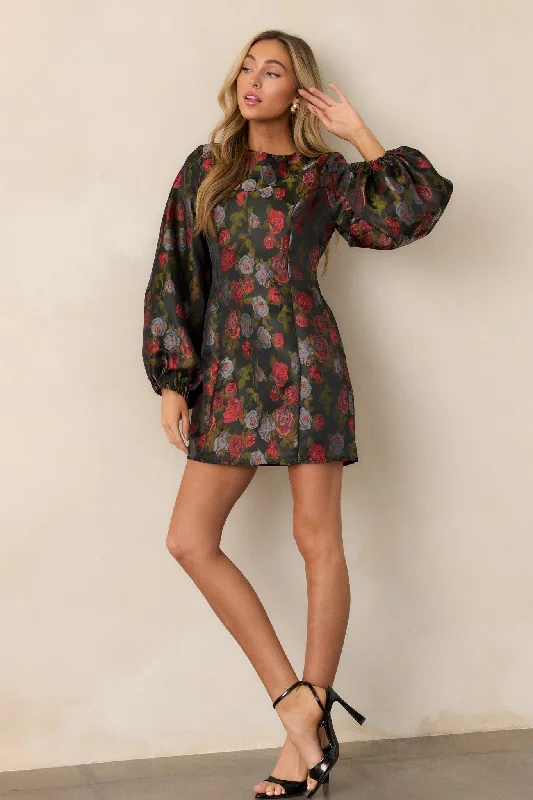 Enchanted Petals Black Floral Balloon Sleeve Mini Dress