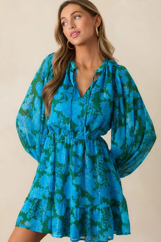 Soul On Fire Blue Floral Long Sleeve Mini Dress