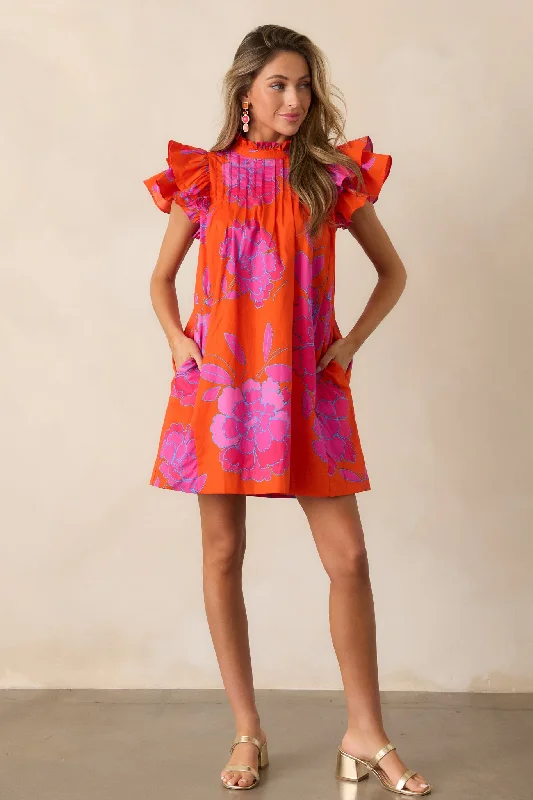 Breezes And Blooms 100% Cotton Orange Flutter Sleeve Mini Dress