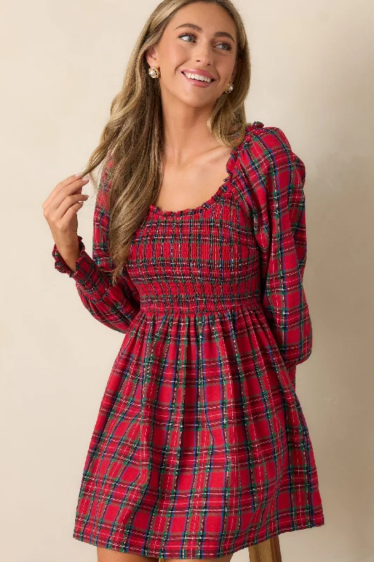 Dance With Me 100% Cotton Red Plaid Long Sleeve Mini Dress