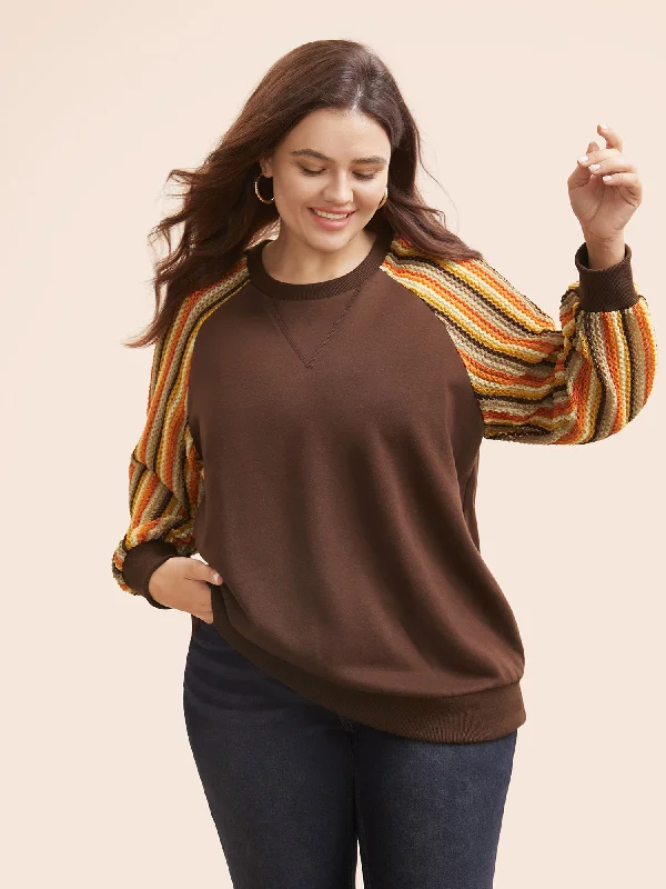 Striped Textured Patchwork Raglan Sleeve Sweatshirt