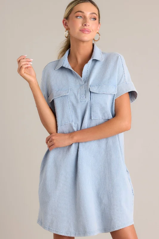 Metropolitan Mood Light Chambray Collared Mini Dress