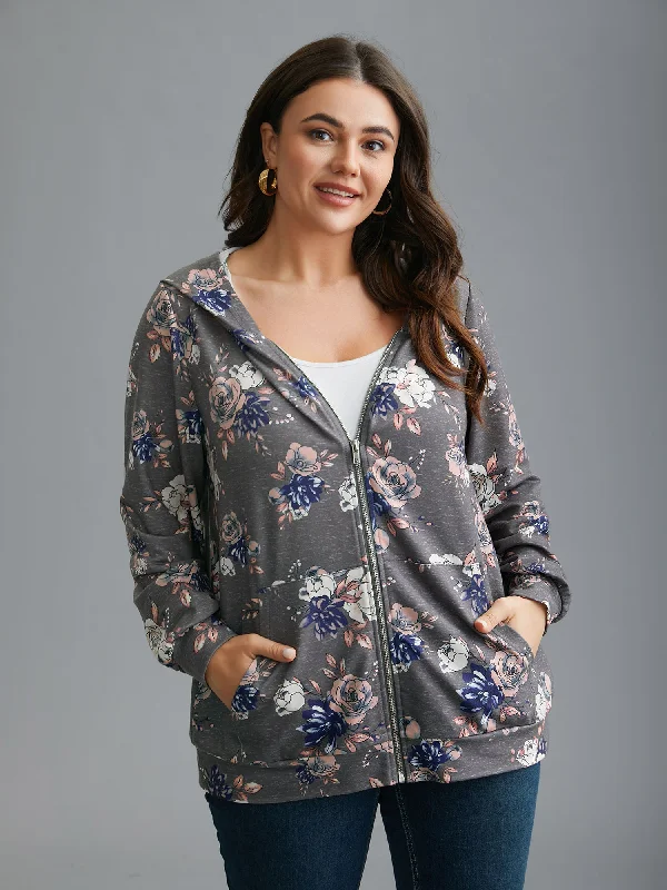 Floral Print Zipper Front Hooded Sweatshirt