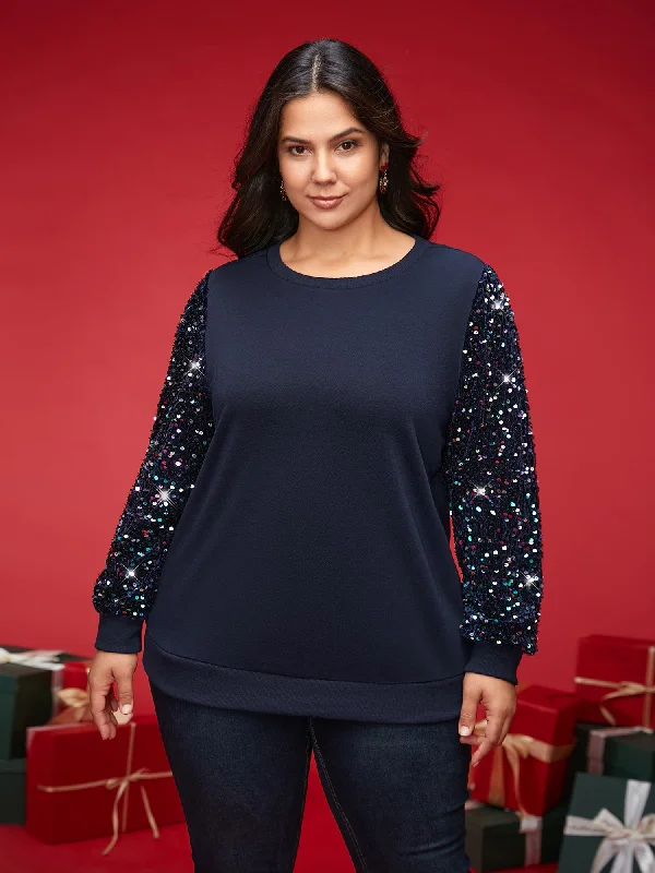 Sequin Sleeves Velvet Panel Sweatshirt