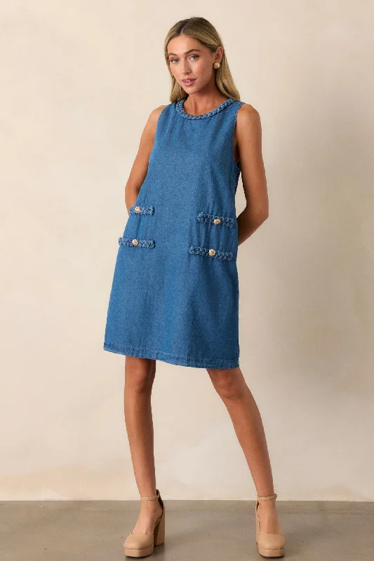 Chic Charm 100% Cotton Medium Wash Chambray Mini Dress