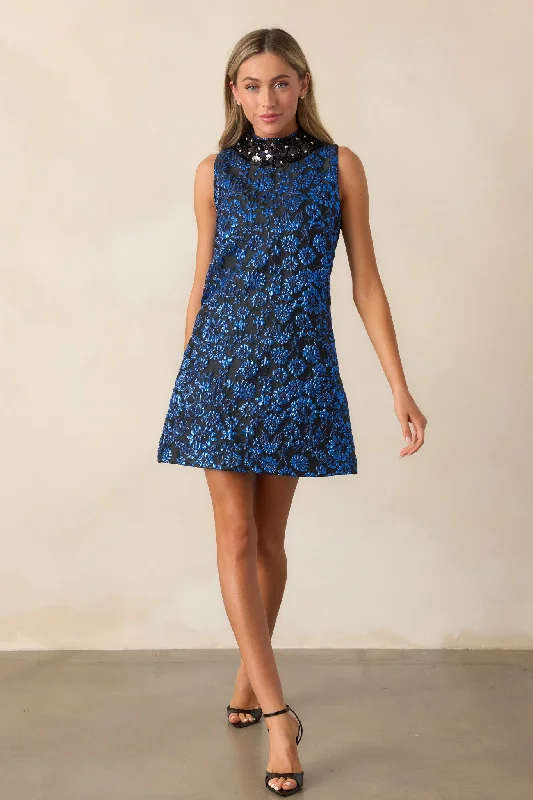 Glistening Skies Midnight Blue Floral Jacquard Mini Dress