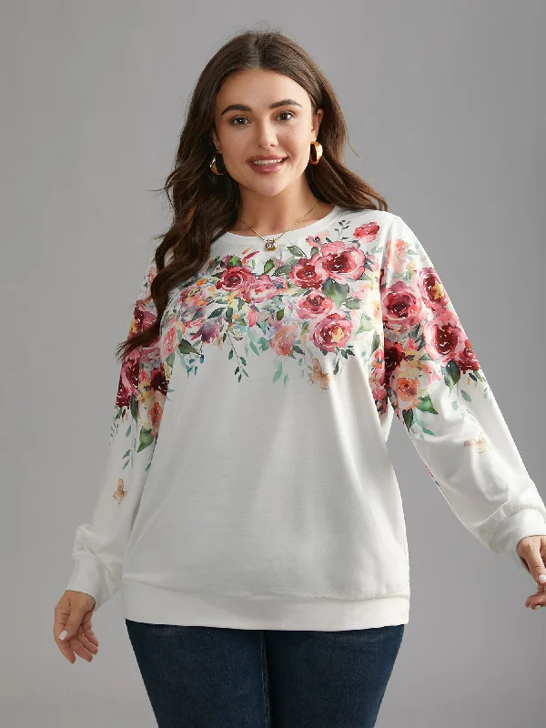 Watercolor Floral Print Round Neck Sweatshirt