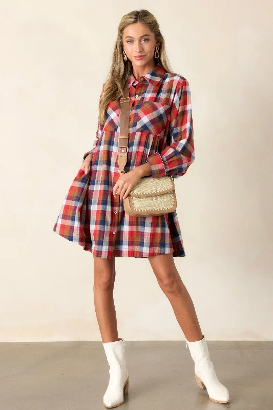 Gliding By 100% Cotton Red Multi Plaid Mini Dress