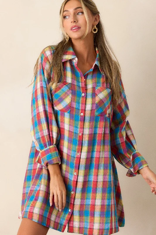 Gliding By 100% Cotton Blue Multi Plaid Mini Dress