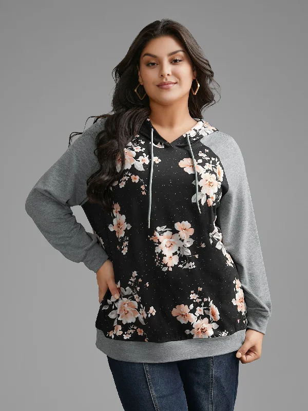 Floral Patchwork Hooded Drawstring Sweatshirt