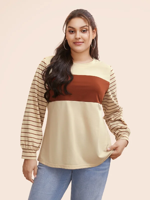 Round Neck Striped Contrast Patchwork Sweatshirt