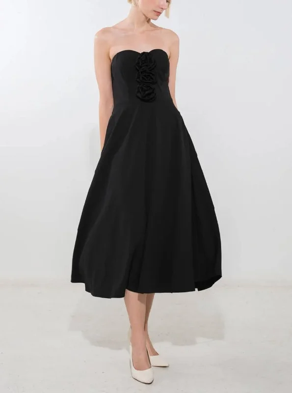 DingJiDress New Pattern Wedding Guest Dress Strapless Center Rosette Full Skirt Back Zipper Closure Backless Black Formal Dress Evening Dress