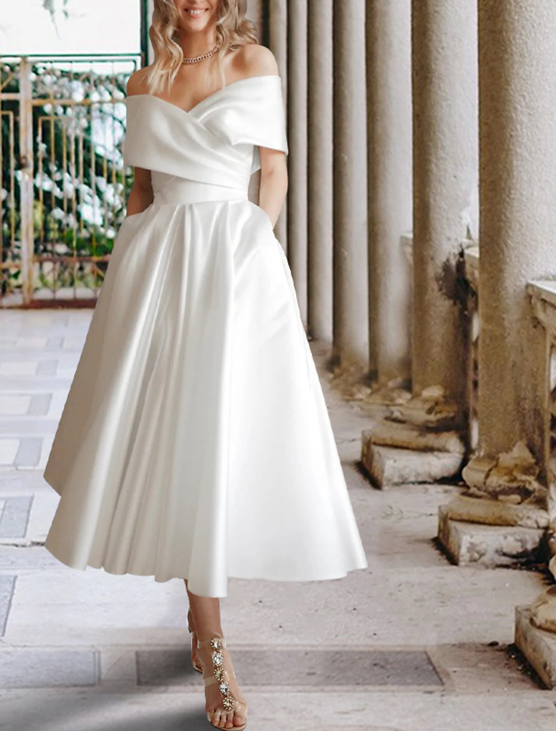 Reception Little White Dresses Wedding Dresses A-Line Off Shoulder Cap Sleeve Tea Length Satin Bridal Gowns With Pleats