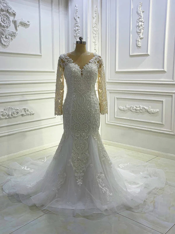 Elegant Long Sleeve V Neck Appique Mermaid Wedding Dresses