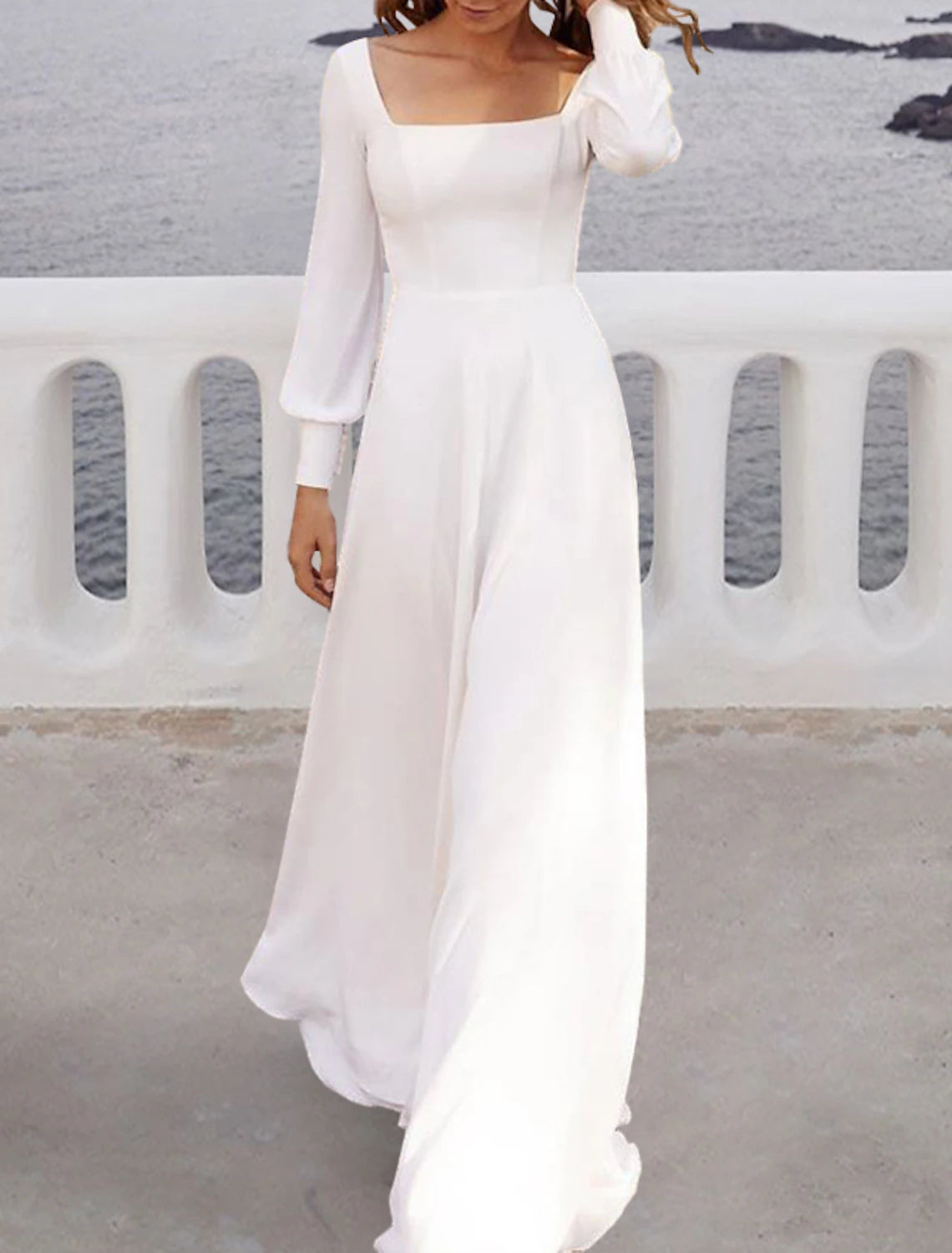 Beach Casual Fall Wedding Dresses A-Line Square Neck Long Sleeve Sweep / Brush Train Chiffon Bridal Gowns