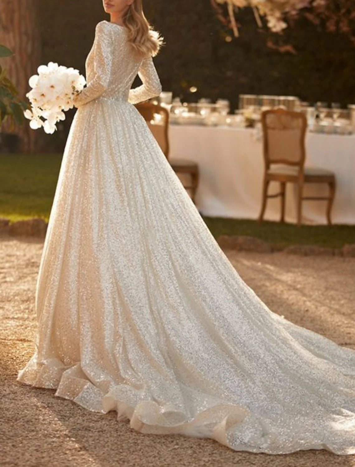 Engagement Sparkle & Shine Formal Fall Wedding Dresses Ball Gown Scoop Neck Long Sleeve Chapel Train Sequined Bridal Gowns