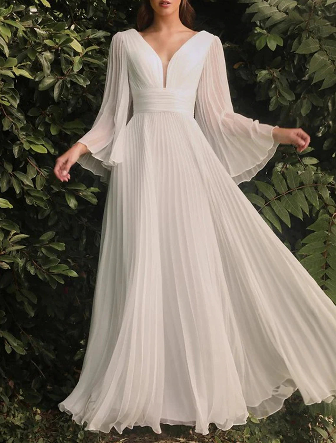 Beach Casual Wedding Dresses A-Line V Neck Long Sleeve Floor Length Chiffon Bridal Gowns