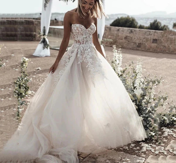 Floral Princess Bridal Gown Strapless Bohemian Wedding Dress