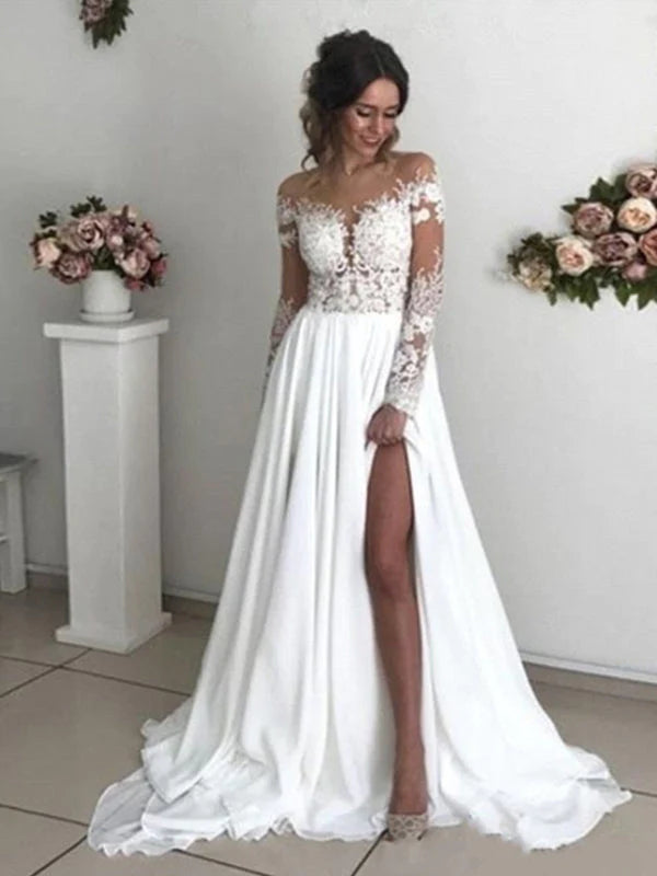 Boho Long Sleeve Slit Wedding Dresses With Lace Bodice