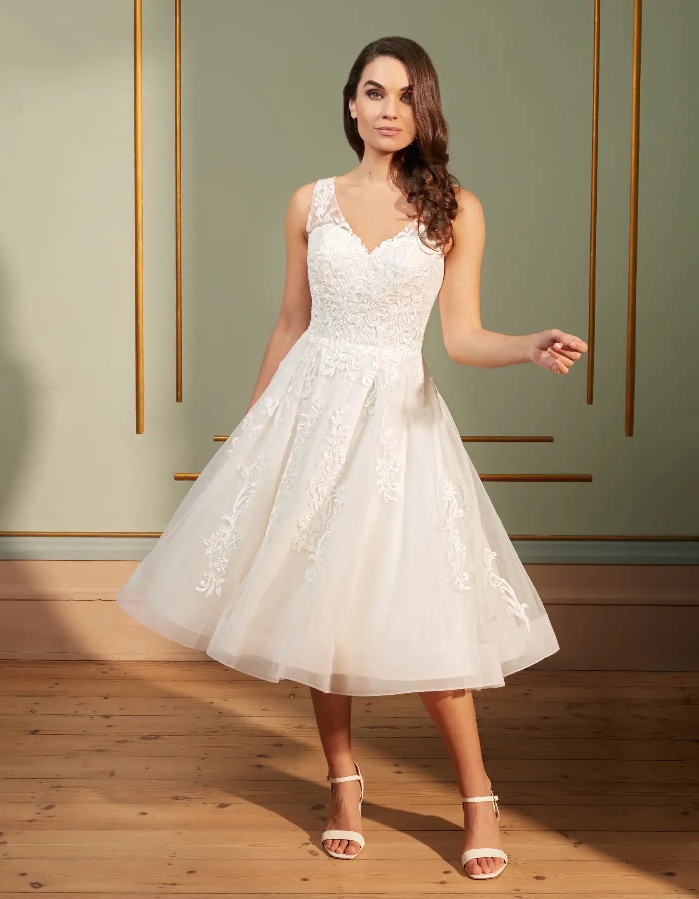 DingJiDress a tea-length dress with illusion straps Wedding Dresses