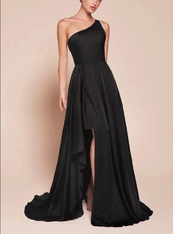 DingJiDress New Pattern Wedding Guest Dress One Shoulder Flowing Asymmetrical Skirt Open Back Adjustable Asymmetrical Strap Side Fork Black Formal Dress Evening Dress