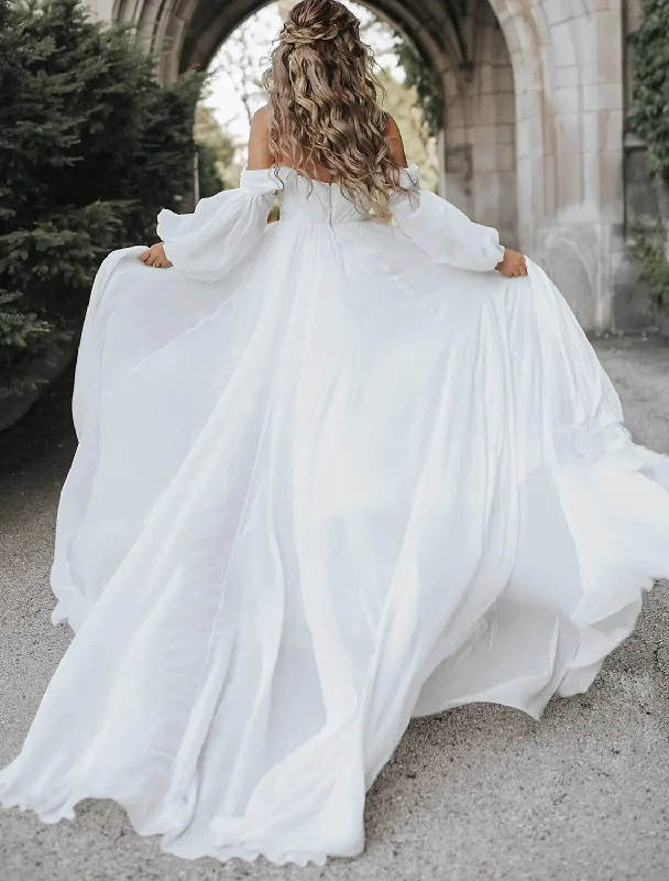 Beach Wedding Dresses A-Line Off Shoulder Long Sleeve Chapel Train Chiffon Bridal Gowns With Split Front