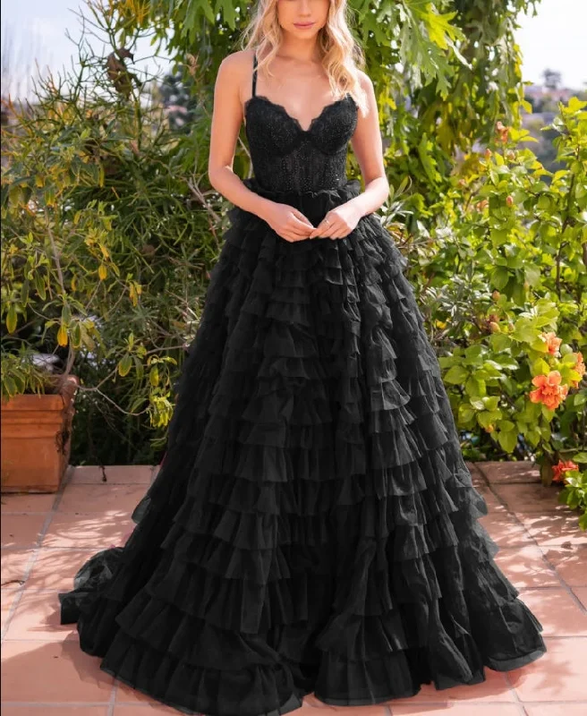 DingJiDress New Pattern Wedding Guest Dress A-line Tulle Skirt Bodice Embellished Same Tone Crystals Lace up Open Back Floor Length Layered Ruffles Side Leg Slit Sweep Train Black Formal Dress Evening Dress