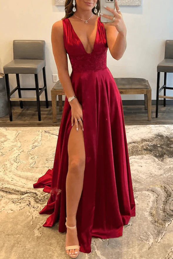 DingJiDress Evening Dress Deep V Neck Lace Long Prom Dress Backless High Fork Temperament Formal Women's Dresses Wedding Guest Dresses