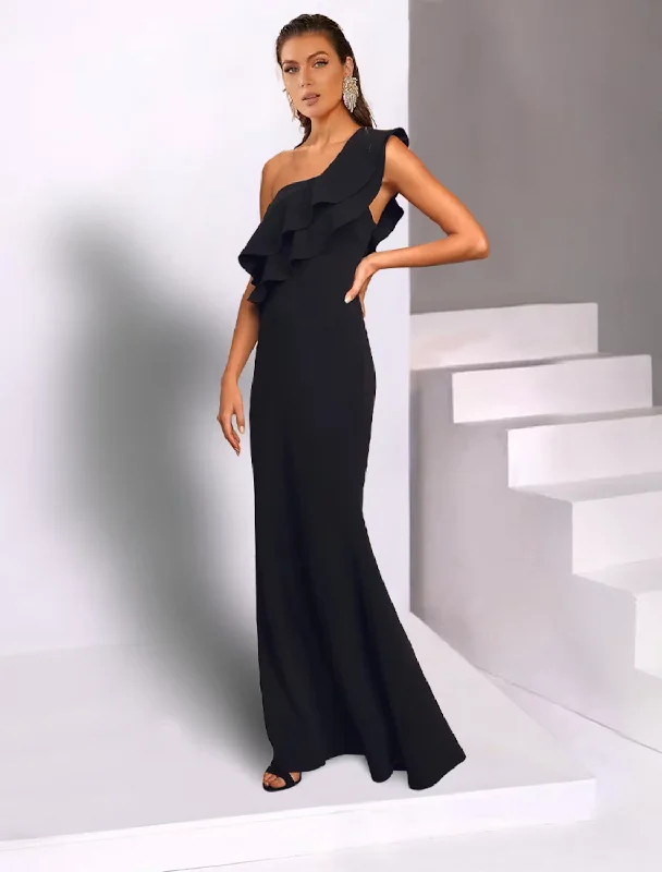 Mermaid / Trumpet Wedding Guest Dresses Black Dress Wedding Party Floor Length Sleeveless One Shoulder Chiffon with Ruffles