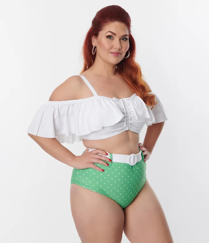 Unique Vintage Plus Size White Ruffle Swim Top