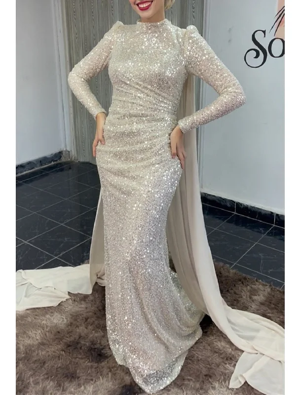 Mermaid / Trumpet Evening Gown Elegant Dress Wedding Guest Sweep / Brush Train Long Sleeve High Neck Satin with Pearls Sequin Overskirt