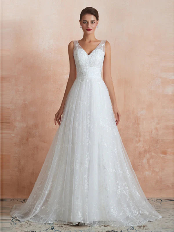 Straps V Neck Applique A Line Wedding Dresses