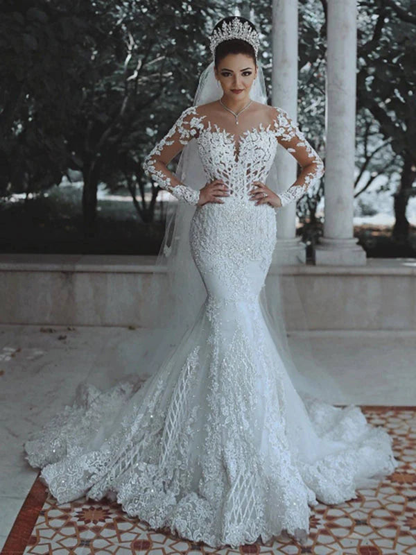 Stunning Mermaid Long Sleeve Applique Wedding Dresses