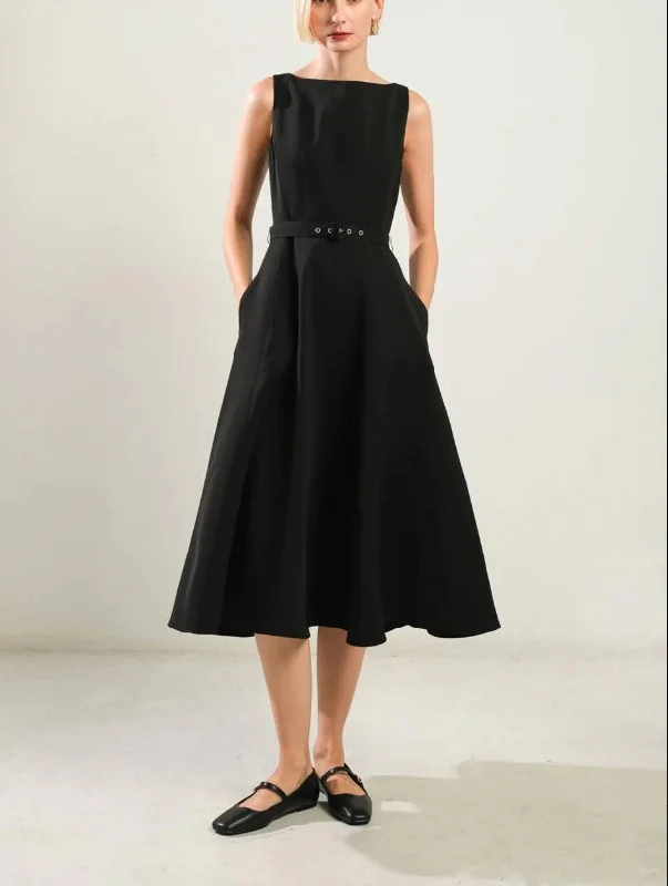 DingJiDress New Pattern Wedding Guest Dress Featuring Boat Neckline Sleeveless Full Skirt Self Belt Side Pocket Elegant Black Formal Dress Evening Dress