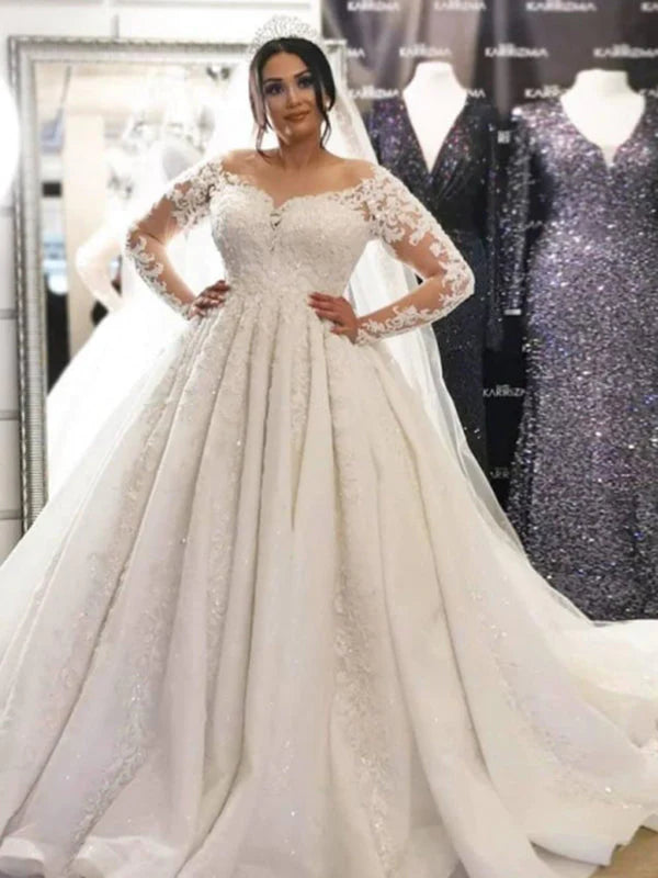 Luxury Sweetheart Long Sleeve Applique A Line Wedding Dresses