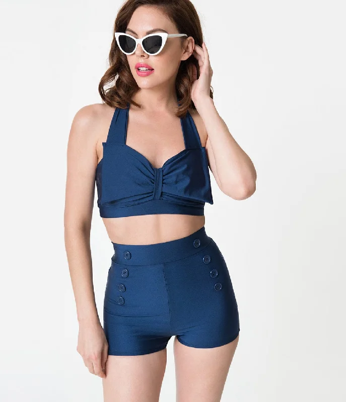 Vintage Style Navy Blue Bow Halter Swim Top