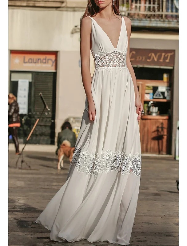 Beach Boho Wedding Dresses A-Line Camisole V Neck Spaghetti Strap Floor Length Chiffon Bridal Gowns With Appliques