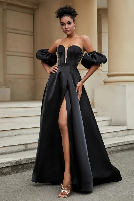 DingJiDress Evening Dress Strapless A-Line Strapless Dress Backless Ruched Side Fork Sweep Train Senior Wedding Guest Dresses