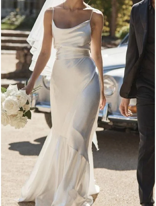 Engagement Casual Wedding Dresses Sheath / Column Camisole Sleeveless Floor Length Charmeuse Bridal Gowns With Pleats