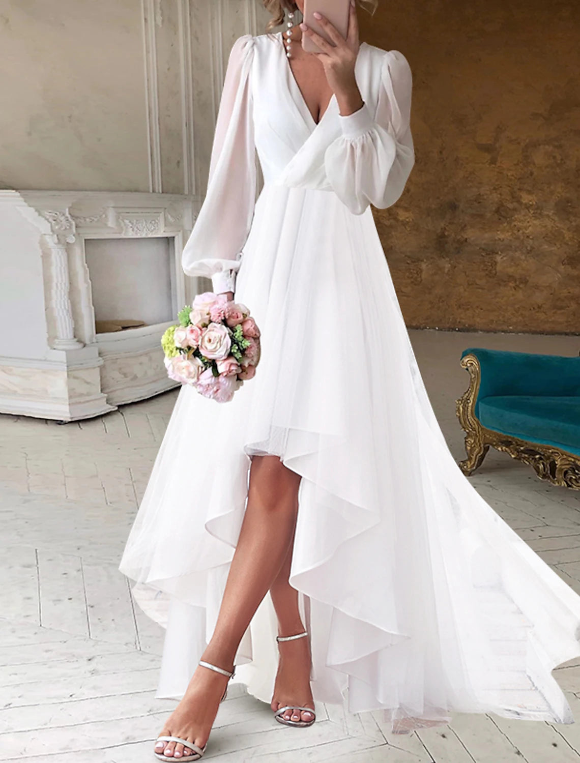 Bridal Shower Fall Wedding Dresses Little White Dresses Casual A-Line V Neck Long Sleeve Asymmetrical Chiffon Bridal Gowns